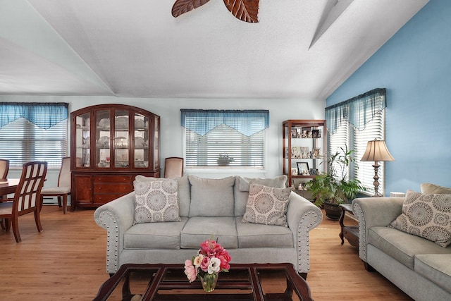 living room with vaulted ceiling, a healthy amount of sunlight, and light wood finished floors