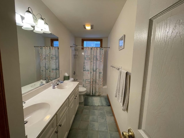 full bathroom with vanity, toilet, and shower / bathtub combination with curtain