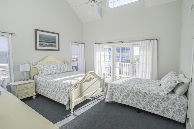 bedroom with access to outside, ceiling fan, and high vaulted ceiling