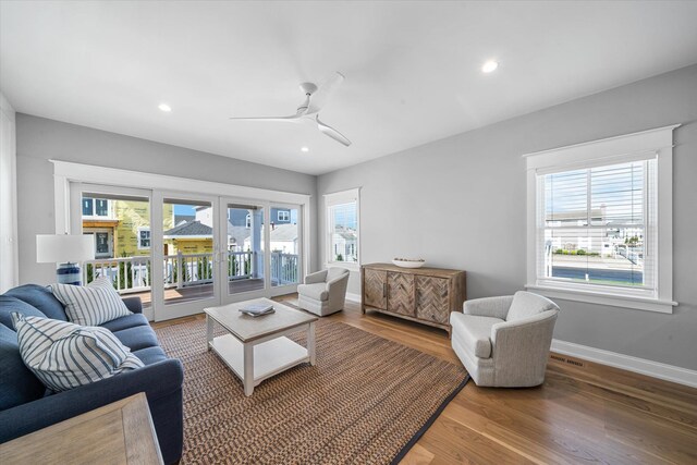 283 85th St, Stone Harbor, NJ 08247 - living area with baseboards, wood finished floors, a ceiling fan, and recessed lighting