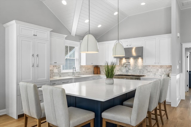 283 85th St, Stone Harbor, NJ 08247 - kitchen with under cabinet range hood, a sink, light wood finished floors, stainless steel gas stovetop, and white cabinetry