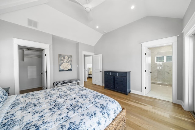 283 85th St, Stone Harbor, NJ 08247 - bedroom with light wood-type flooring, recessed lighting, ensuite bathroom, and high vaulted ceiling