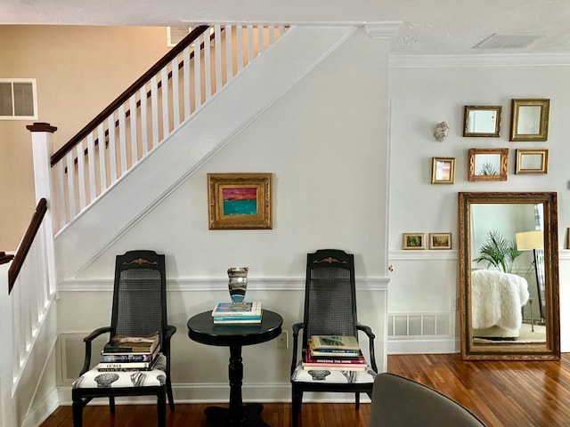 25 Shore Rd, Somers Point, NJ 08244 - living area featuring stairway, wood finished floors, and ornamental molding
