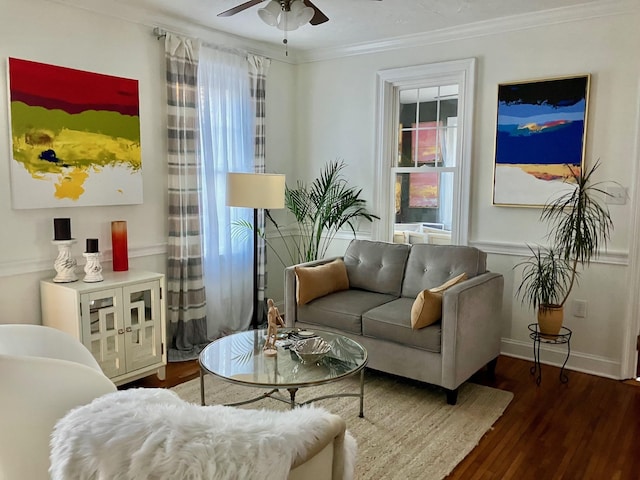 25 Shore Rd, Somers Point, NJ 08244 - living room with wood finished floors, ceiling fan, and crown molding