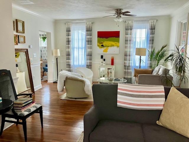 25 Shore Rd, Somers Point, NJ 08244 - living room featuring wood finished floors, ceiling fan, and ornamental molding