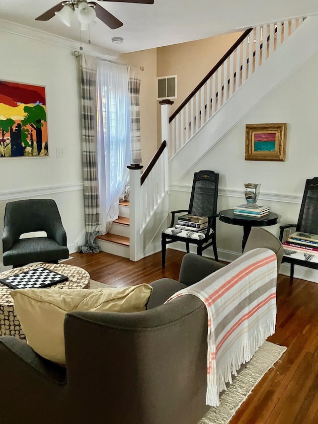 25 Shore Rd, Somers Point, NJ 08244 - living area with stairs, ceiling fan, wood finished floors, and crown molding