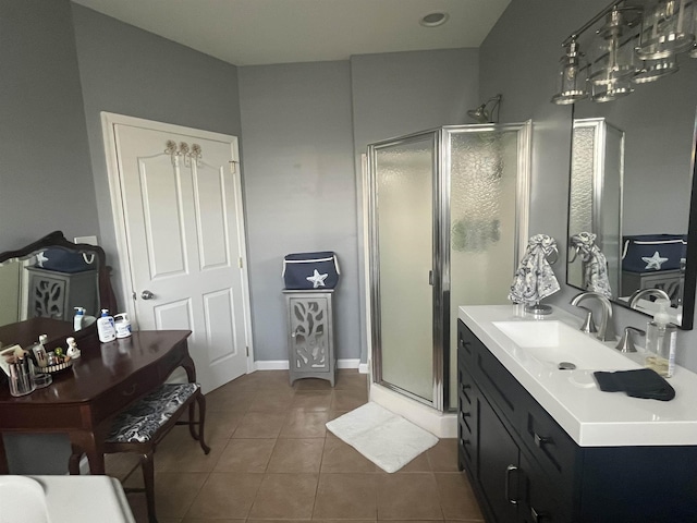 full bath with a stall shower, tile patterned flooring, and vanity
