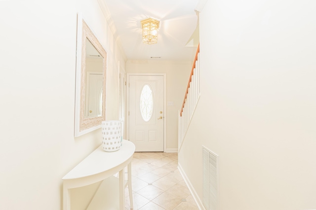 7889 Sunset Dr N, Unit North, Avalon, NJ 08202 - doorway with stairway, light tile patterned floors, baseboards, and crown molding