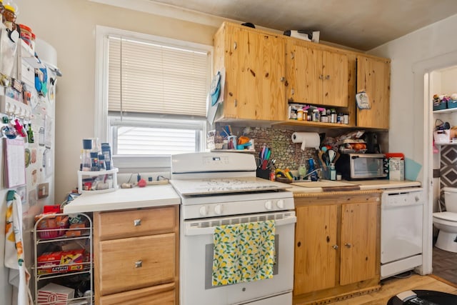 126 W Andrews Ave, Wildwood, NJ 08260 - kitchen with white appliances, open shelves, light countertops, backsplash, and light wood-style floors