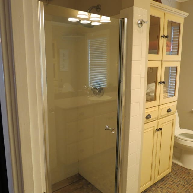 bathroom featuring a shower stall and toilet