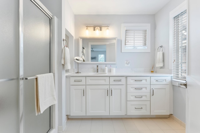 108 27th St, Avalon, NJ 08202 - full bath featuring vanity, a shower stall, baseboards, and tile patterned flooring