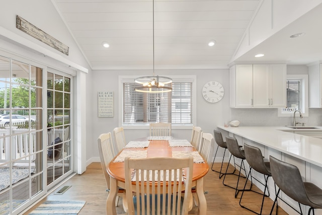 108 27th St, Avalon, NJ 08202 - dining space featuring lofted ceiling, light wood-style flooring, a chandelier, baseboards, and recessed lighting