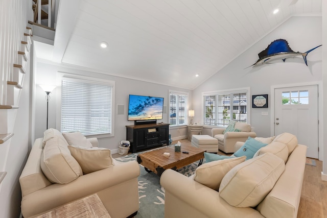 108 27th St, Avalon, NJ 08202 - living room with wood finished floors, recessed lighting, baseboards, and high vaulted ceiling
