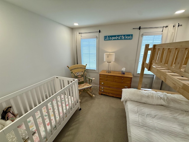 bedroom with carpet flooring and recessed lighting