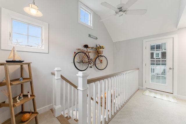 108 27th St, Avalon, NJ 08202 - hallway featuring an upstairs landing, carpet floors, baseboards, and vaulted ceiling