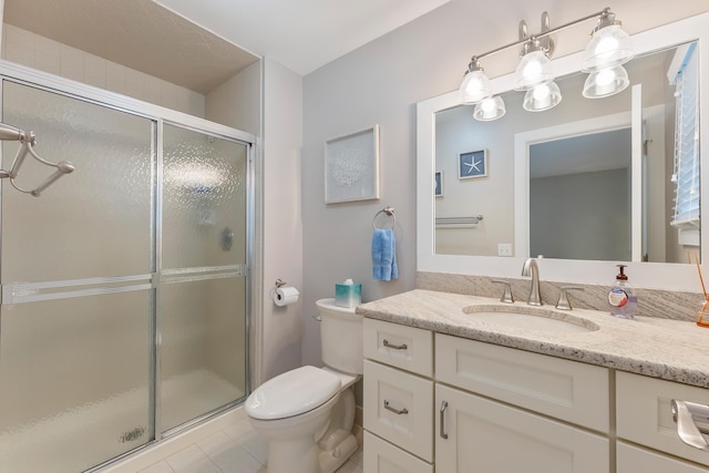 108 27th St, Avalon, NJ 08202 - bathroom featuring toilet, vanity, a stall shower, and tile patterned flooring