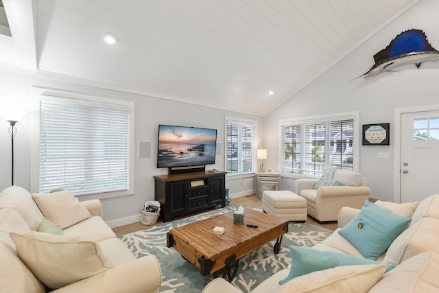 108 27th St, Avalon, NJ 08202 - living room featuring baseboards, vaulted ceiling, light wood finished floors, and recessed lighting