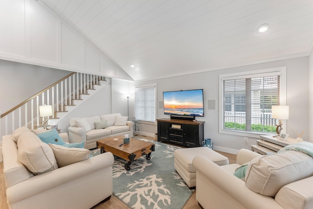 108 27th St, Avalon, NJ 08202 - living room featuring stairway, baseboards, vaulted ceiling, and wood finished floors