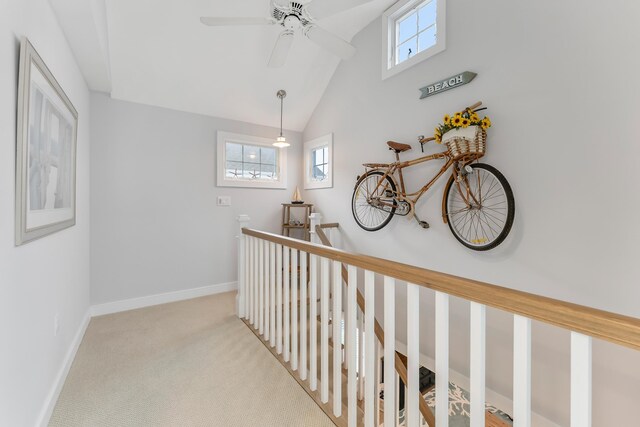 108 27th St, Avalon, NJ 08202 - hall featuring healthy amount of natural light, lofted ceiling, carpet, baseboards, and an upstairs landing