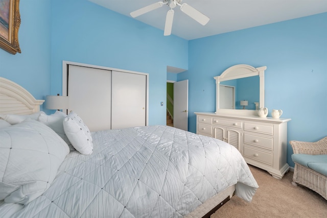 902 Ocean Dr Unit 306, Lower Township, NJ 08204 - carpeted bedroom featuring a closet, vaulted ceiling, and ceiling fan