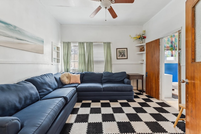 living room with ceiling fan