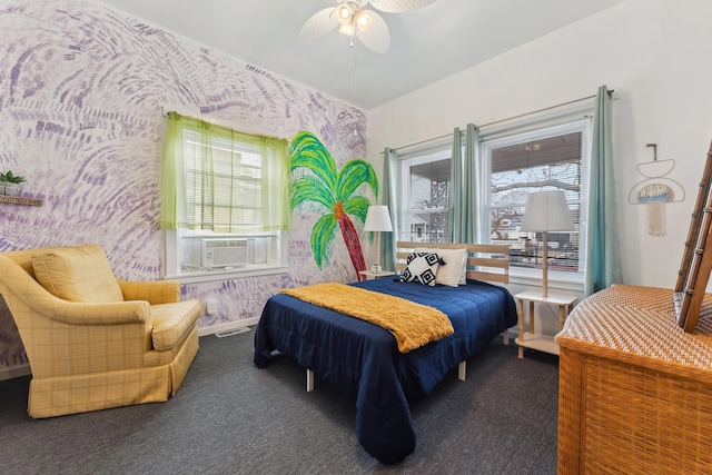 carpeted bedroom with ceiling fan