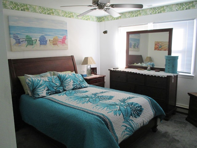 carpeted bedroom featuring ceiling fan