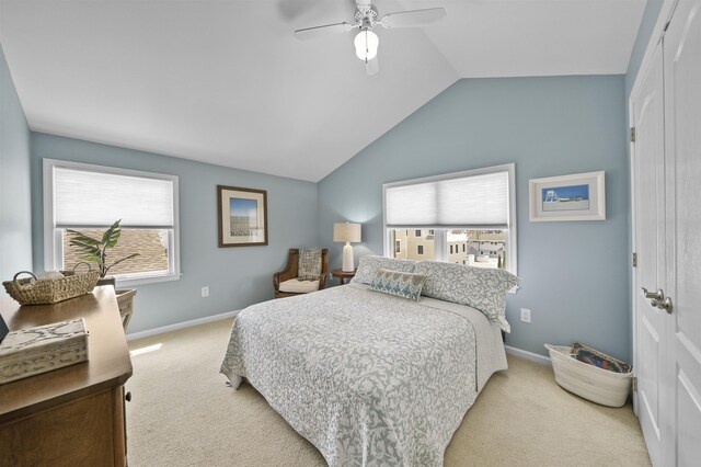 2026 6th Ave Unit S, Avalon, NJ 08202 - carpeted bedroom with multiple windows, lofted ceiling, baseboards, and a ceiling fan