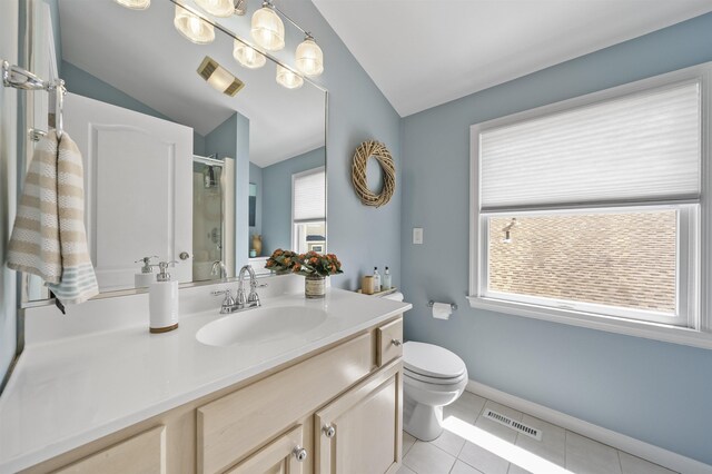 2026 6th Ave Unit S, Avalon, NJ 08202 - bathroom with lofted ceiling, a shower with door, toilet, vanity, and tile patterned flooring