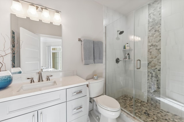 bathroom featuring vanity, toilet, and a stall shower