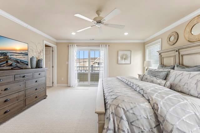 bedroom with baseboards, ornamental molding, light carpet, a ceiling fan, and access to outside