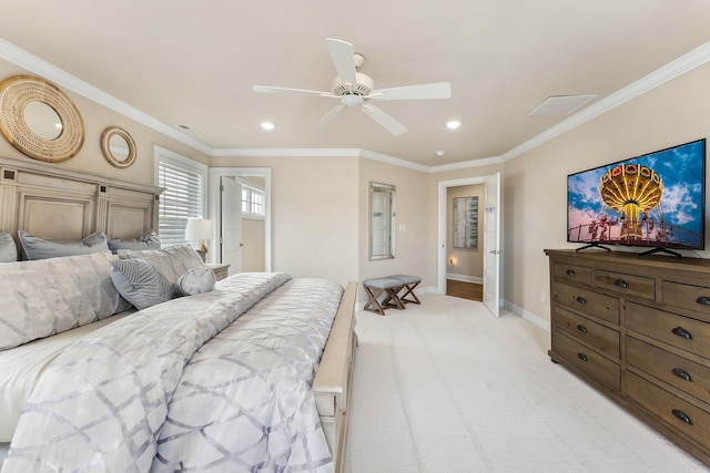 bedroom with visible vents, baseboards, light colored carpet, and crown molding