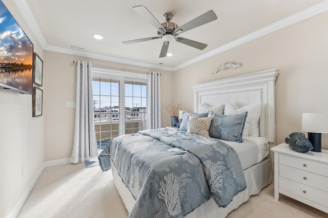 bedroom featuring visible vents, light colored carpet, crown molding, and baseboards