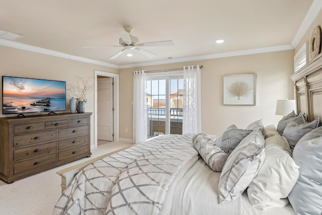 bedroom with a ceiling fan, carpet, baseboards, ornamental molding, and access to outside