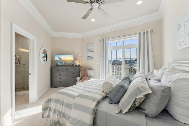 bedroom with crown molding, ceiling fan, baseboards, light carpet, and recessed lighting