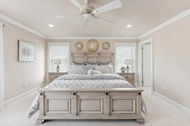 bedroom featuring light colored carpet, crown molding, and multiple windows