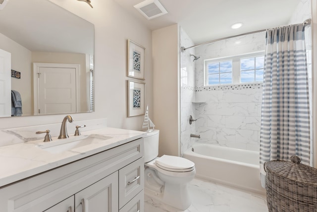 full bath featuring visible vents, toilet, marble finish floor, shower / bath combination with curtain, and vanity