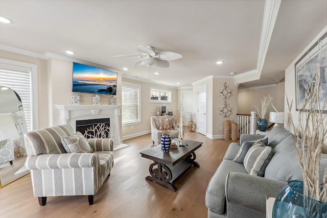 living area featuring a fireplace, wood finished floors, baseboards, and ornamental molding