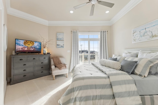 carpeted bedroom with recessed lighting, a ceiling fan, and crown molding