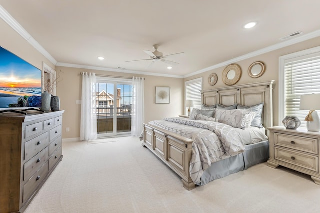 bedroom featuring light carpet, visible vents, recessed lighting, and crown molding