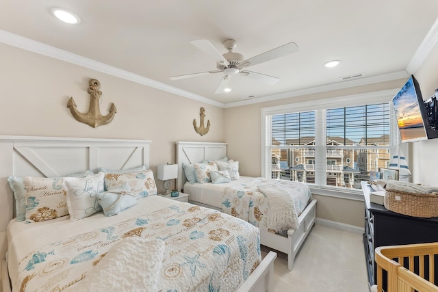 bedroom with light carpet, visible vents, and ornamental molding