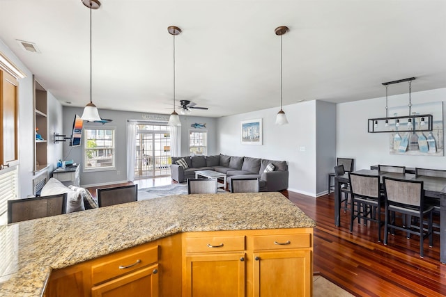 145 W Andrews Ave Unit 100, Wildwood, NJ 08260 - kitchen featuring a ceiling fan, dark wood-type flooring, decorative light fixtures, and open floor plan