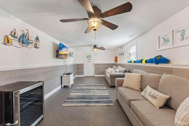 145 W Andrews Ave Unit 100, Wildwood, NJ 08260 - living area featuring wainscoting, wine cooler, and ceiling fan
