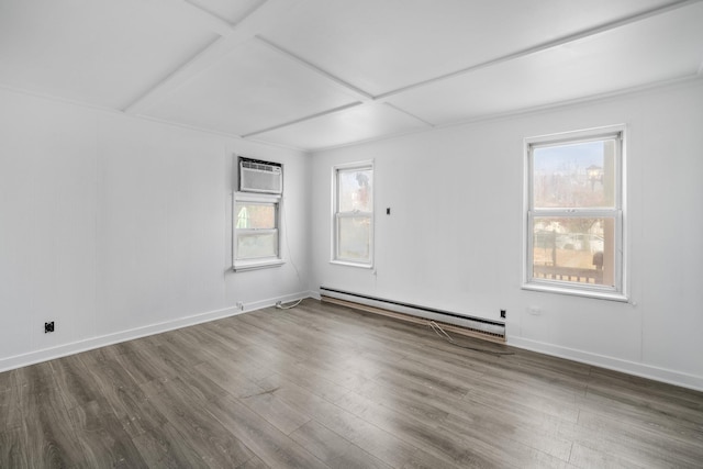 unfurnished room featuring dark hardwood / wood-style flooring, coffered ceiling, and a baseboard heating unit