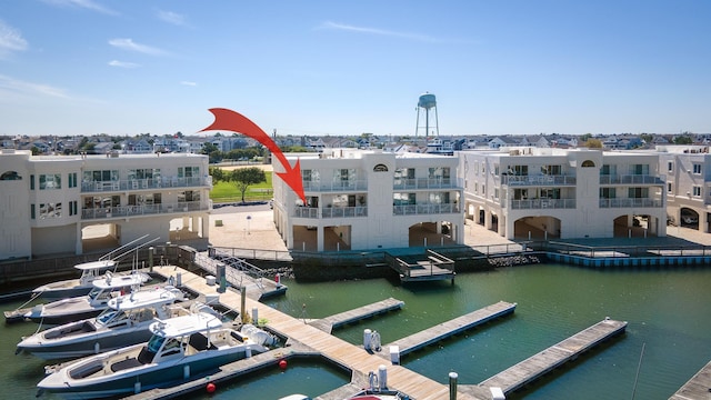 dock area with a water view