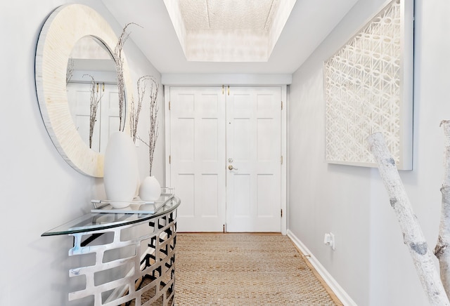 entryway featuring a raised ceiling and baseboards