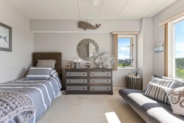 bedroom featuring radiator and light colored carpet