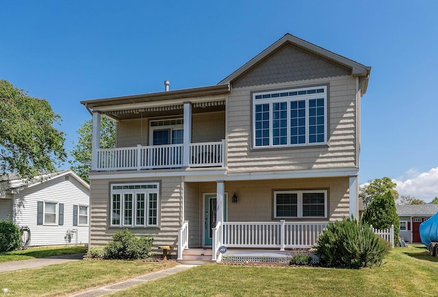 view of front of home with covered porch, a balcony, and a front lawn