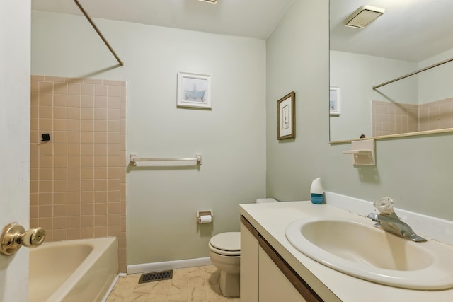 full bath with visible vents, toilet, shower / washtub combination, baseboards, and vanity