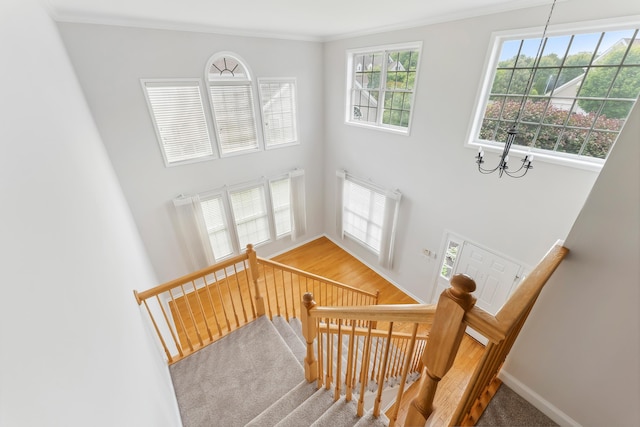 201 Saint Andrews Dr Unit 201, Swainton, NJ 08210 - stairs featuring a towering ceiling, ornamental molding, baseboards, a chandelier, and carpet